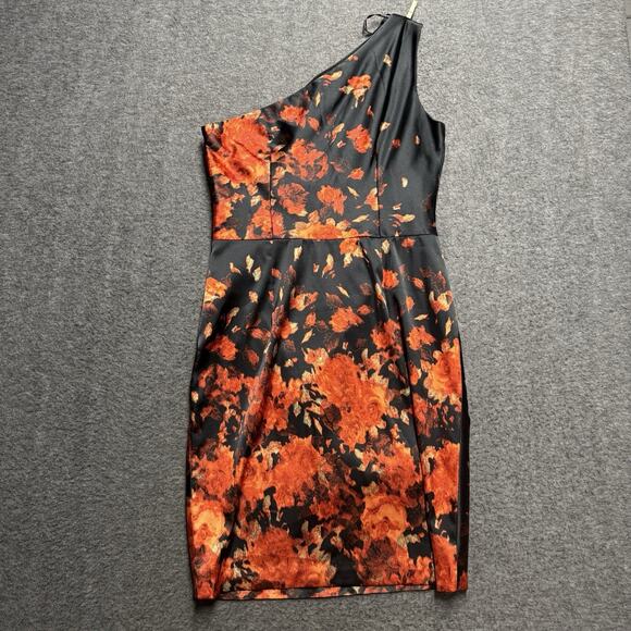 Maggy London One Shoulder Floral Dress Women's Size 12 Black Orange Sheath Midi - Picture 3 of 5